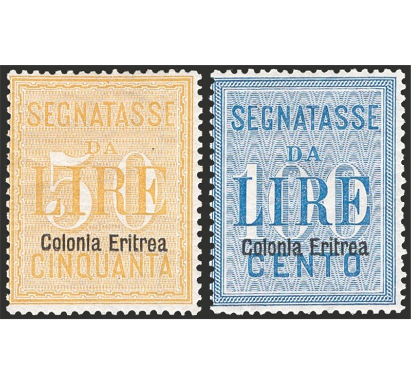 Eritrea - 1903 - Segnatasse 50 £ e 100 £ soprast., serie n° 12/13. Cert.: Biondi. Cat. € 2.000 (**)