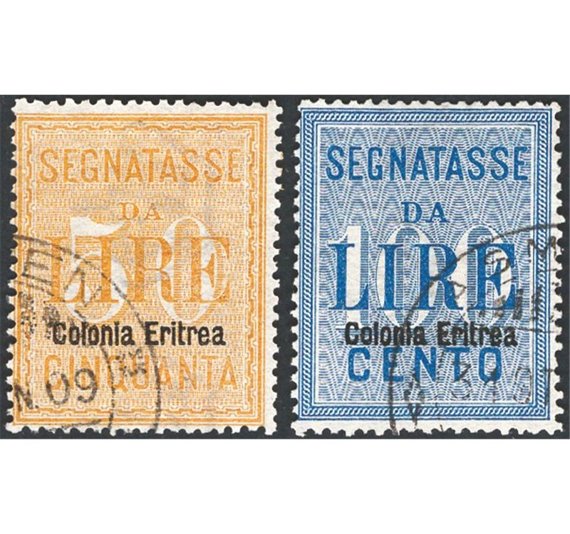 Eritrea - 1903 - Segnatasse 50 £ e 100 £, serie n° 12/13. Cert.: IC. Cat. € 700 (U)