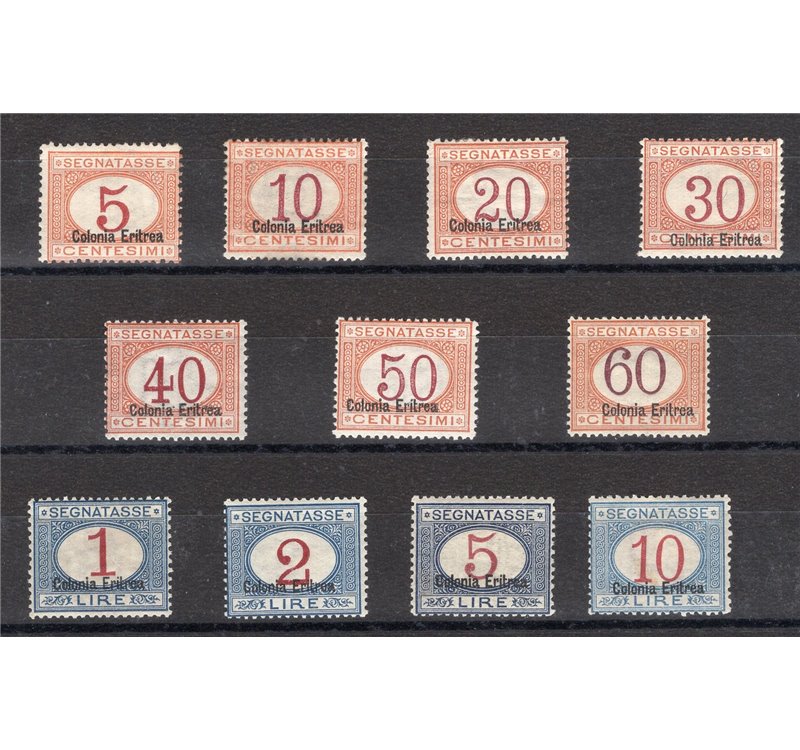 Eritrea - 1920/26 - Segnatasse soprast. in basso, serie n° 14/24. Cert.: Biondi. Cat. € 6.000 (*)