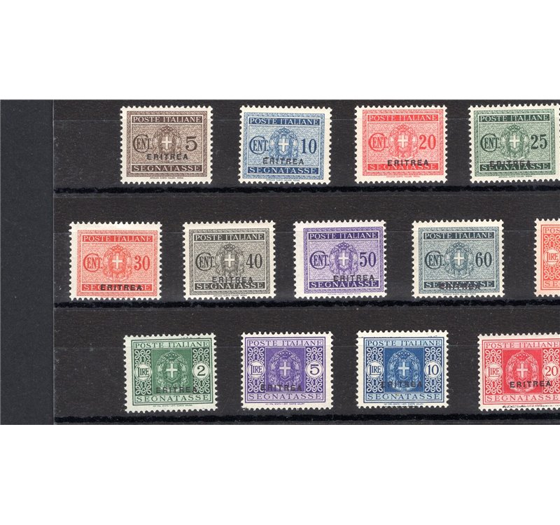 Eritrea - 1934 - Segnatasse soprast., serie n° 26/38. Firm.: ED. Cert.: Biondi. Cat. € 650 (**)
