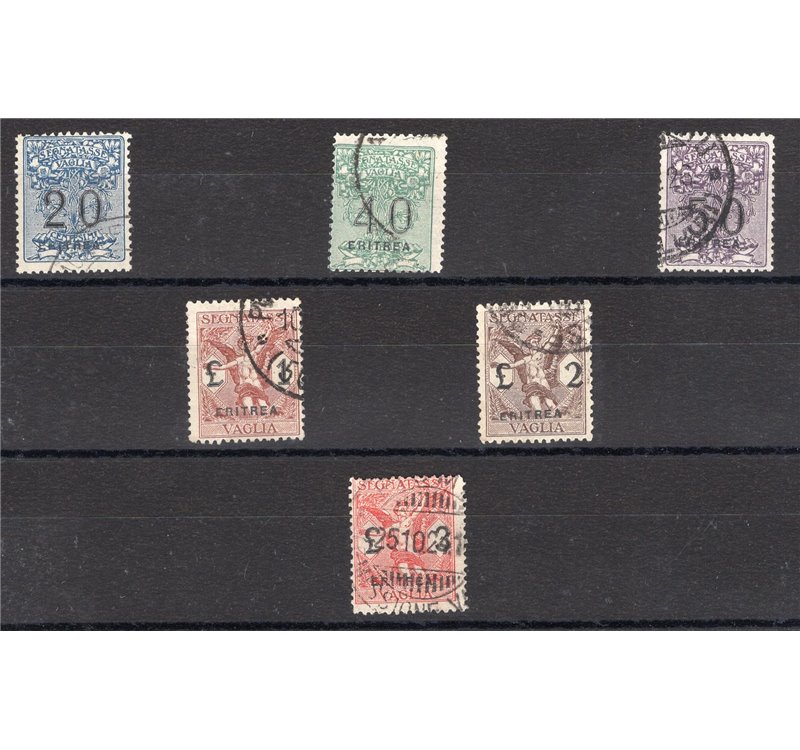 Eritrea - 1944 - Segnatasse vaglia, serie n° 1/6. Cert.: Biondi. Cat. € 1.500 (U)