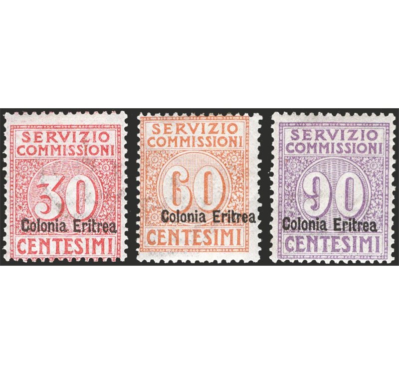 Eritrea - 1916 - Servizio Commissioni soprast., serie n° 1/3. Cert.: IC. Cat. € 275 (*)