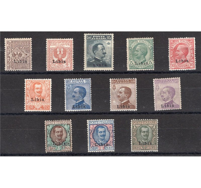 Libia - 1912/15 - Floreale e Michetti soprast., serie n° 1/12 con ottima centratura. Cert.: IC. Cat. € 8.000 (**)
