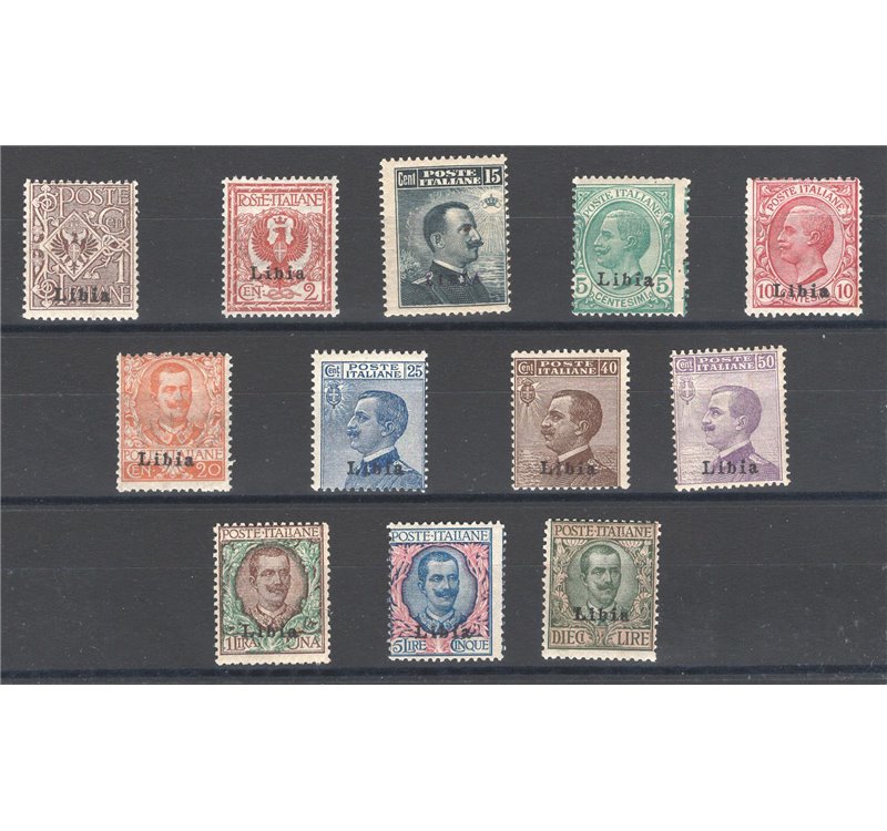 Libia - 1912/15 - Floreale e Michetti soprast., serie n° 1/12. Cert.: Biondi. Cat. € 4.000 (**)