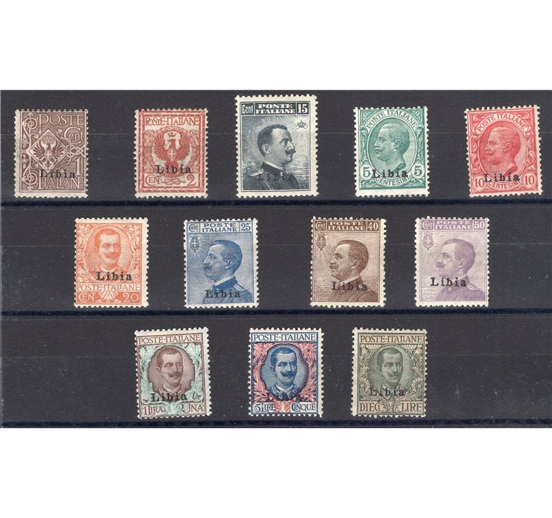 Libia - 1912/15 - Floreale e Michetti soprast., serie n° 1/12. Cert.: Biondi. Cat. € 1.600 (*)