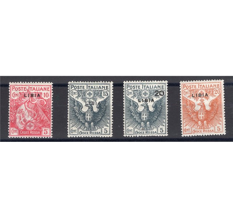 Libia - 1915/16 - Croce Rossa, serie n° 13/16 con ottima centratura. Cert.: Biondi. Cat. € 1.000 (**)
