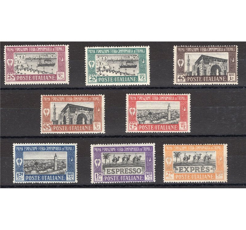 Libia - 1927 - I Fiera di Tripoli, serie n° 66/71 + Ex 14/15. Cert.: IC. Cat. € 300 (**)