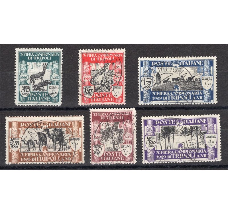 Libia - 1929 - III Fiera di Tripoli, serie n° 81/86 con annulli originali della manifestazione. Cert.: IC. Cert.: Biondi. Cat. €