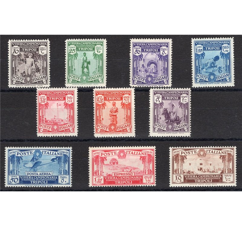 Libia - 1931 - V Fiera di Tripoli, serie n° 95/102 + P.A. 3 + Ex 16. Cert.: IC. Cat. € 975 (**)