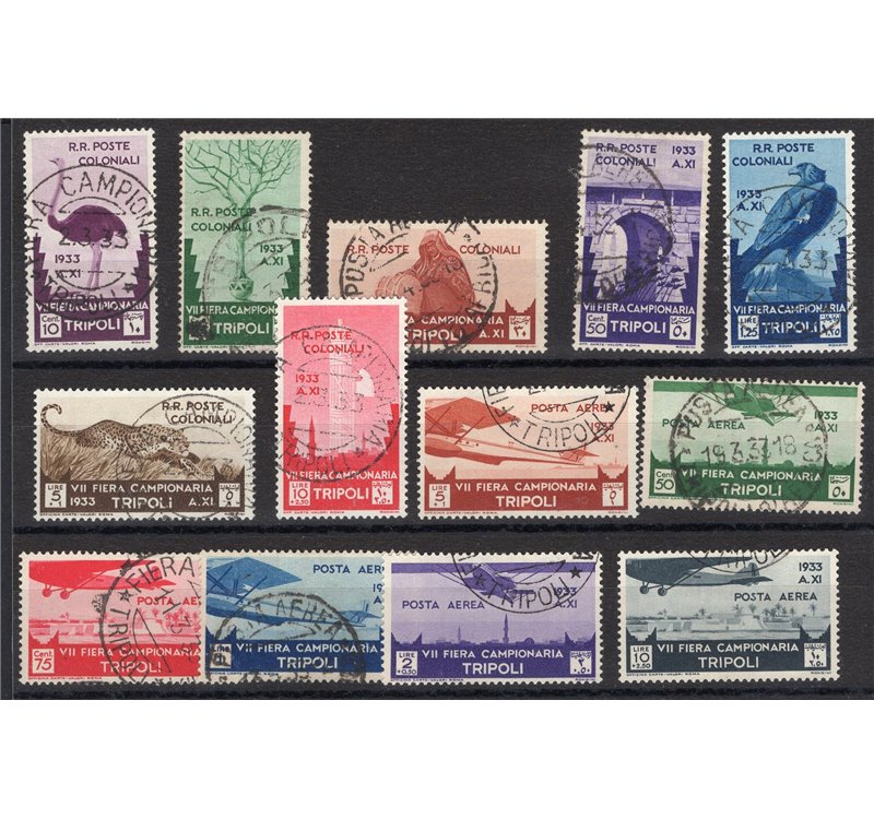 Libia - 1933 - VII Fiera di Tripoli, serie n° 118/24 + P.A. 8/13 con annulli originali della manifestazione. Cert.: Biondi. Cat.