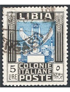 Libia - 1940 - Pittorica 5 £ nero e azzurro dent. 14 senza filigrana, n° 163. Cert.: IC. Cat. € 350 (U)