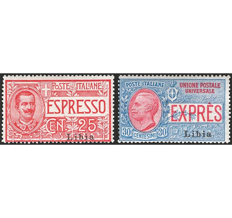 Libia - 1915 - Espressi soprast. 1° tipo, serie n° 1/2. Cert.: IC. Cat. € 550 (**)