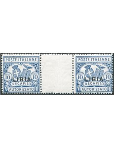 Libia - 1929 - Recapito autorizzato 10 c. dent. 14 in coppia con interspazio di gruppo, n° 2. Firm.: Chia. Cert.: Biondi (**)