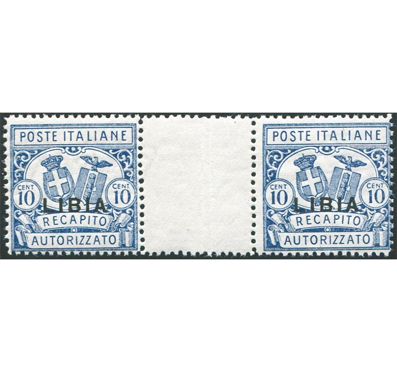 Libia - 1929 - Recapito autorizzato 10 c. dent. 14 in coppia con interspazio di gruppo, n° 2. Firm.: Chia. Cert.: Biondi (**)