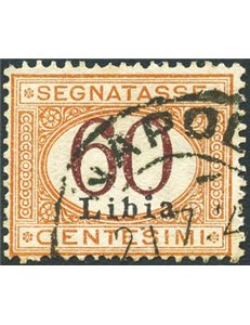 Libia - 1915 - Segnatasse 60 c. con cifra bruna e soprast., n° 11. Cert.: Biondi. Cat. € 750 (U)