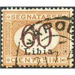 Libia - 1915 - Segnatasse 60 c. con cifra bruna e soprast., n° 11. Cert.: Biondi. Cat. € 750 (U)