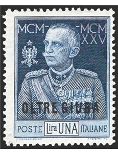 Oltre Giuba - 1925 - Giubileo 1 £ con dent. 13½, n° 22. Cert.: IC. Cat. € 3.500 (**)