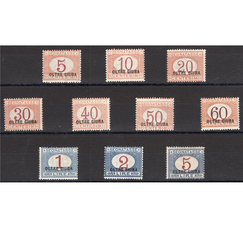 Oltre Giuba - 1925 - Segnatasse soprast., serie n° 1/10. Cert.: IC. Cat. € 2.800 (**)