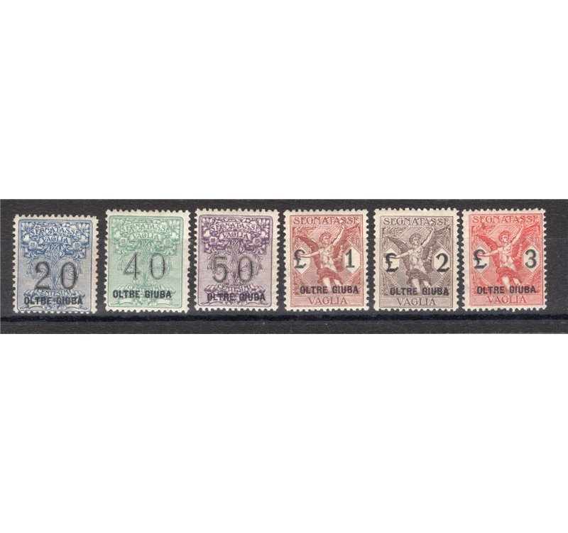 Oltre Giuba - 1925 - Segnatasse vaglia soprast., serie n° 1/6. Cert.: IC. Cat. € 2.200 (**)