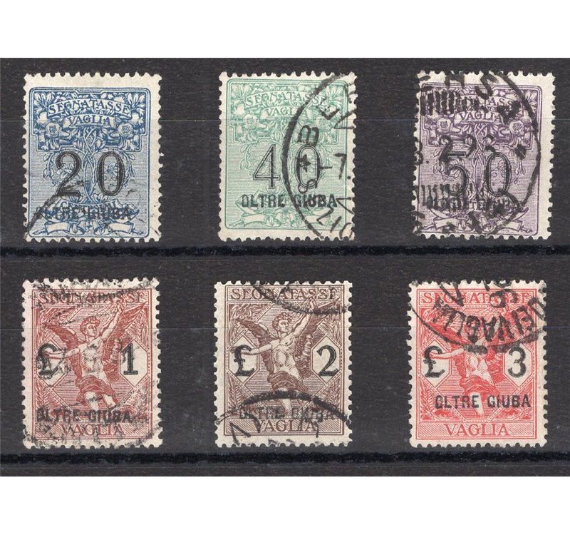 Oltre Giuba - 1925 - Segnatasse vaglia soprast., serie n° 1/6. Cert.: Biondi. Cat. € 3.000 (U)