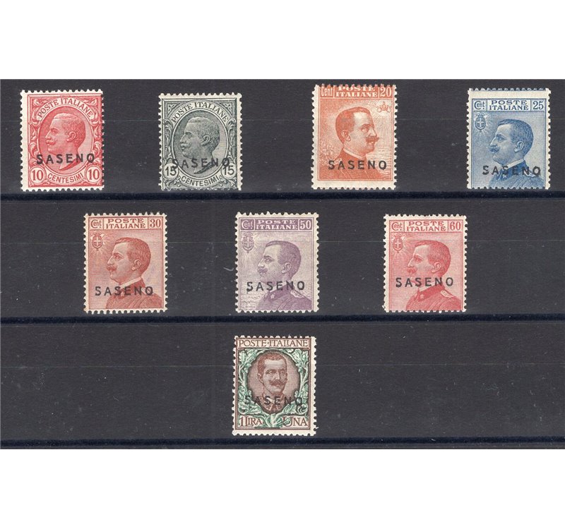 Saseno - 1923 - Soprast., serie n° 1/8. Cert.: Biondi. Cat. € 1.750        (**)
