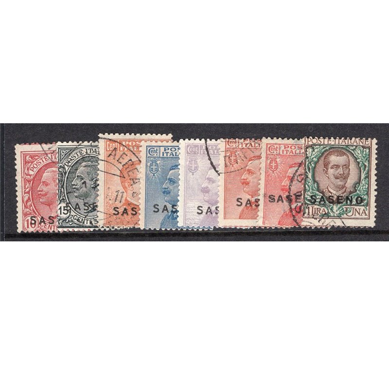 Saseno - 1923 - Soprast., serie n° 1/8 con annulli poco leggibili. Cat. € 2.000 (U)