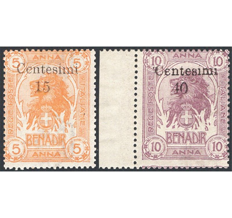 Somalia - 1905 - Leoni con nuovo valore in soprast. eseguita a Zanzibar, serie n° 8/9. Cert.: AD. Cat. € 16.000 (**)