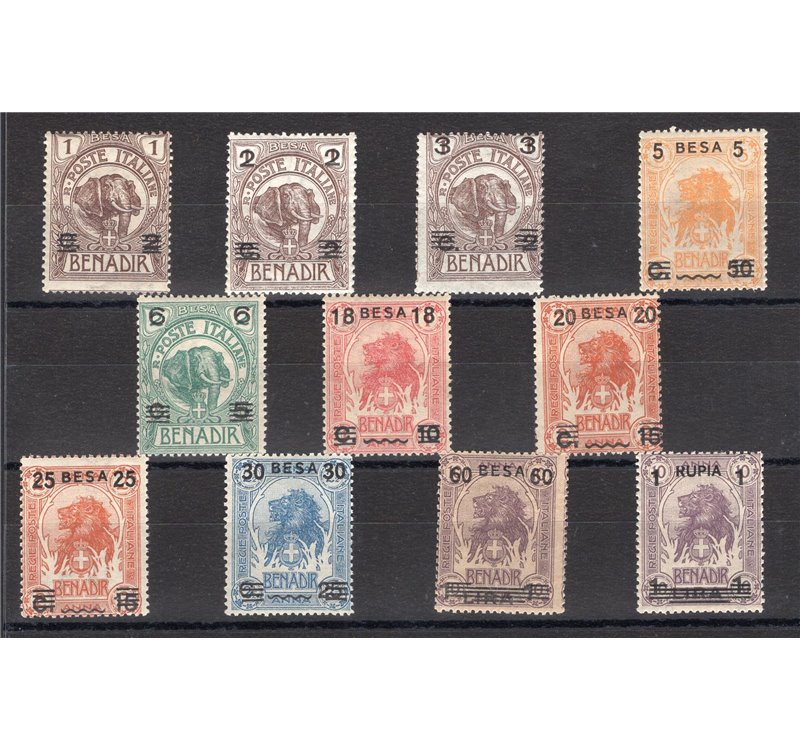 Somalia - 1923 - Elefanti e leoni soprast., serie n° 34/44. Cert.: IC. Cat. € 875 (**)