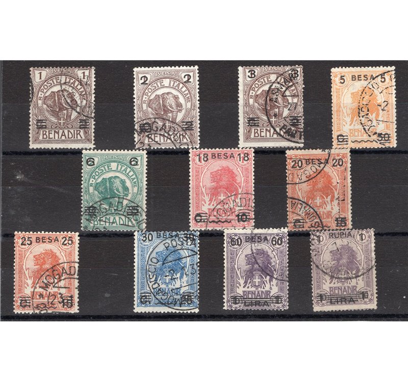 Somalia - 1923 - Elefanti e leoni soprast., serie n° 34/44. Cert.: IC. Cat. € 425 (U)