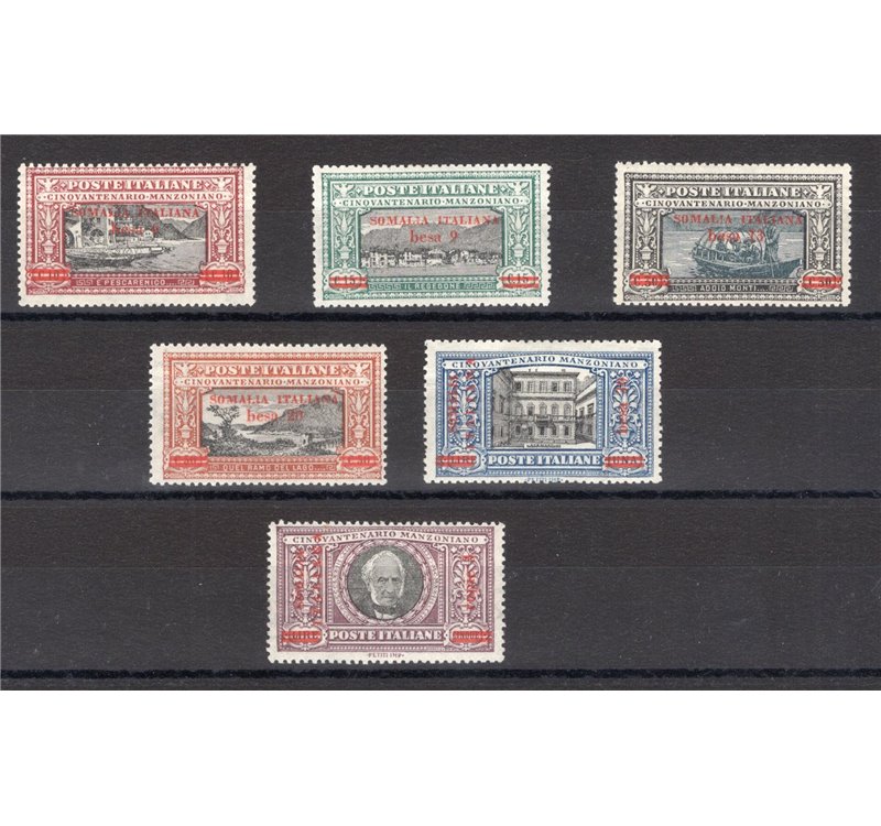 Somalia - 1924 - Manzoni soprast., serie n° 55/60. Cert.: RD. Cat. € 2.500 (**)
