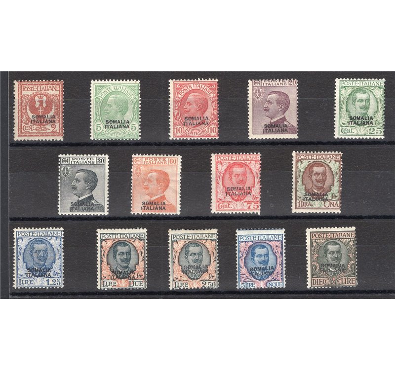 Somalia - 1926/30 - Vittorio Emanuele, serie n° 92/104. Cert.: Biondi. Cat. € 3.000 (**)