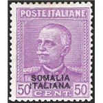 Somalia - 1930 - Parmeggiani tipo Giubileo 50 c. lilla con soprast. del 2° tipo, n° 139. Cert.: IC. Cat. € 300 (**)