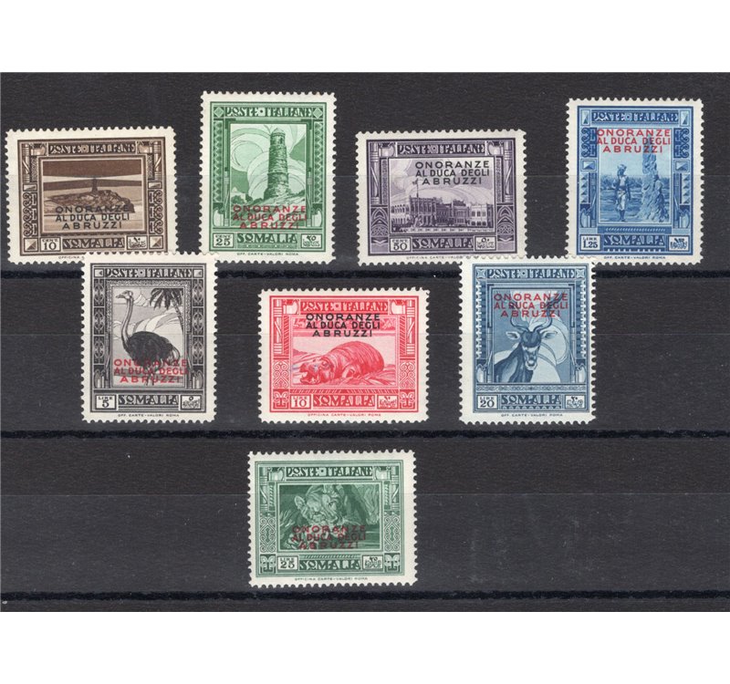 Somalia - 1934 - Onoranze al Duca degli Abruzzi, serie n° 185/92. Cert.: IC. Cat. € 1.000 (**)