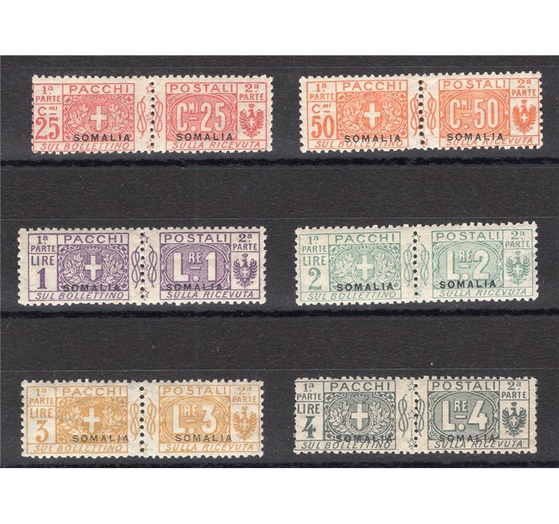 Somalia - 1923 - Pacchi postali nodo soprast., serie n° 15/20. Cert.: IC. Cat. € 4.000 (**)