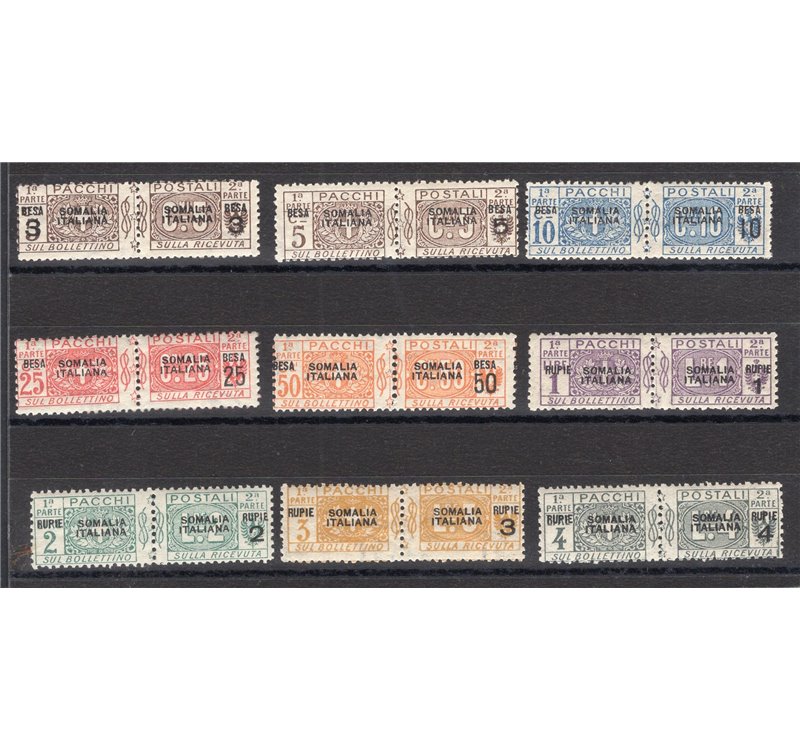 Somalia - 1923 - Pacchi postali nodo soprast. e nuovo valore in besa e rupie, serie n° 21/29. Cert.: IC. Cat. € 1.600 (**)