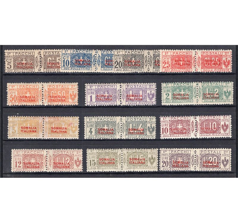Somalia - 1926 - Pacchi postali soprast. del 3° tipo, serie n° 30/42. Cert.: Biondi. Cat. € 3.500 (**)