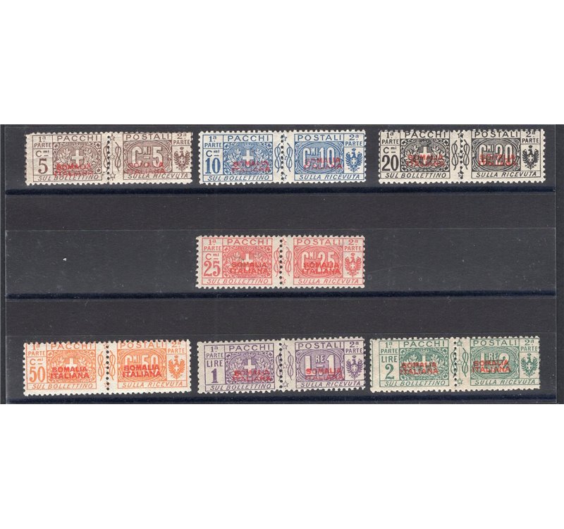 Somalia - 1926/31 - Pacchi postali nodo soprast. del 1° tipo, serie n° 43/49. Cert.: Biondi. Cat. € 3.500 (**)