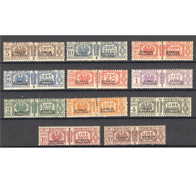 Somalia - 1928/41 - Pacchi postali fascetto al centro soprast. del 1° tipo, serie n° 54/57 + 59/65. Cert.: Biondi. Cat. € 8.000 