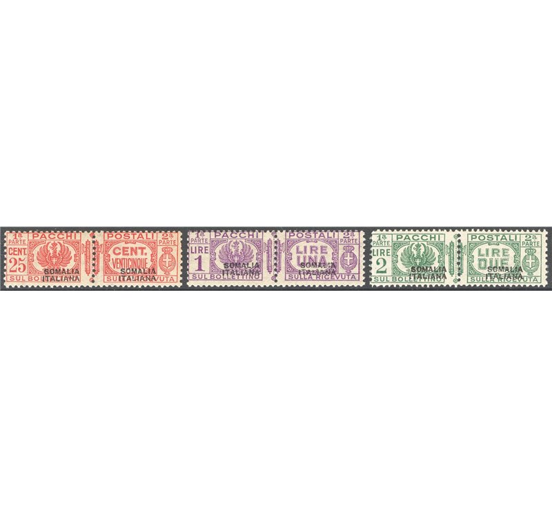 Somalia - 1931 - Pacchi con soprast. del II tipo, serie n° 68/70. Firm.: AD - ED. Cert.: Biondi. Cat. € 550 (**)