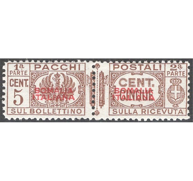 Somalia - 1937 - Pacchi postali 5 c. con soprast. in rosso del I tipo, n° 71. Cat. € 30 (**)