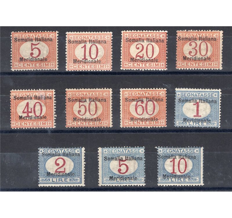 Somalia - 1906 - Segnatasse soprast., serie n° 1/11. Firm.: Bolaffi. Cert.: Biondi. Cat. € 18.000 (**)