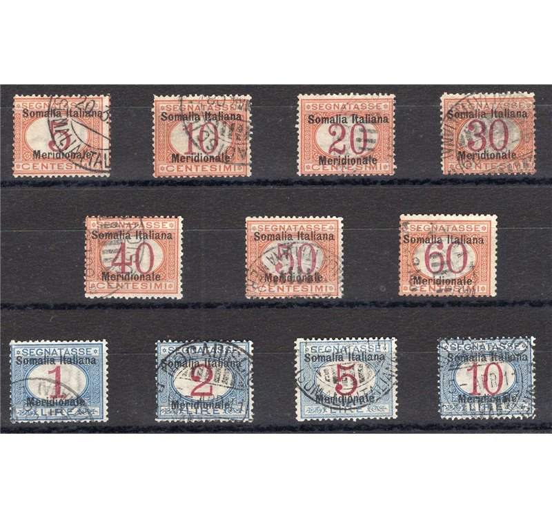 Somalia - 1906 - Segnatasse soprast., serie n° 1/11. Varie firme. Cert.: IC. Cat. € 4.500 (U)