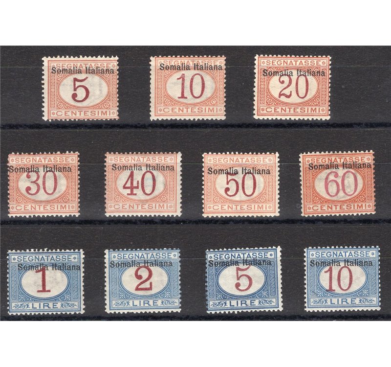 Somalia - 1909 - Segnatasse con soprast. in alto, serie n° 12/22. Firm.: Sorani. Cert.: IC. Cat. € 3.500 (**) 