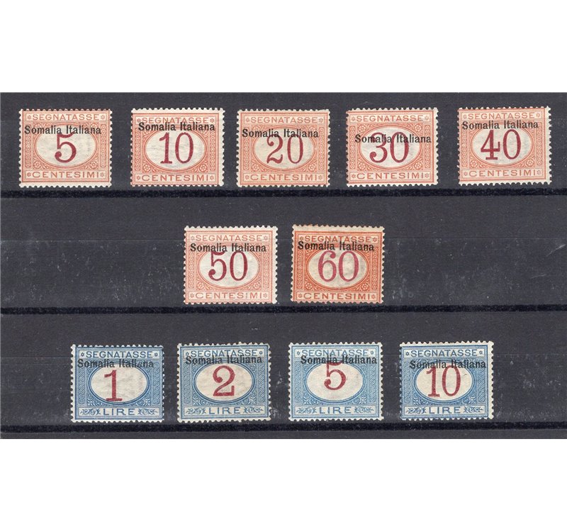 Somalia - 1909 - Segnatasse con soprast. in alto, serie n° 12/22. Cert.: Biondi. Cat. € 1.750 (*)
