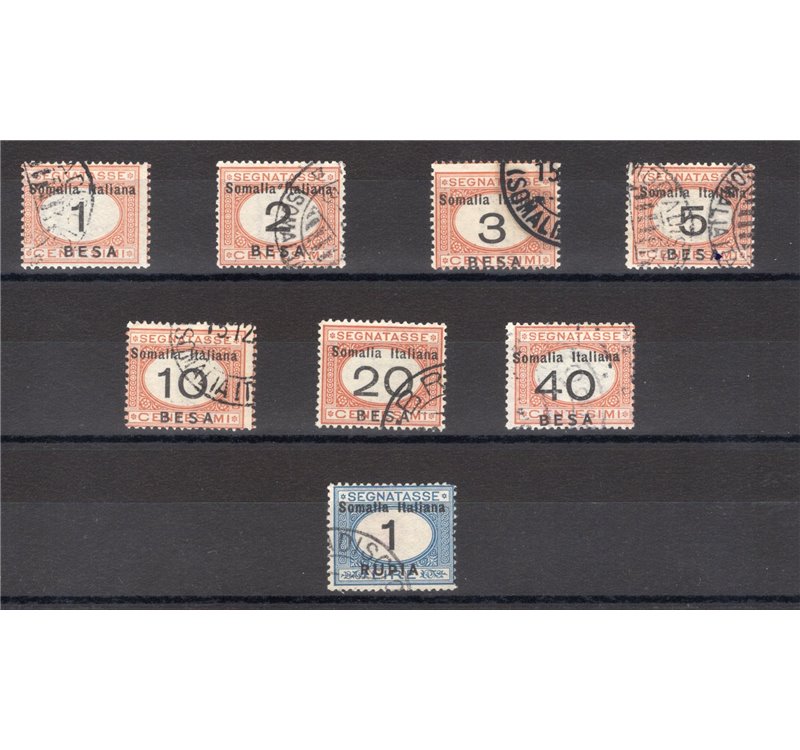 Somalia - 1923 - Segnatasse soprast., serie n° 33/40. Cat. € 275 (U)