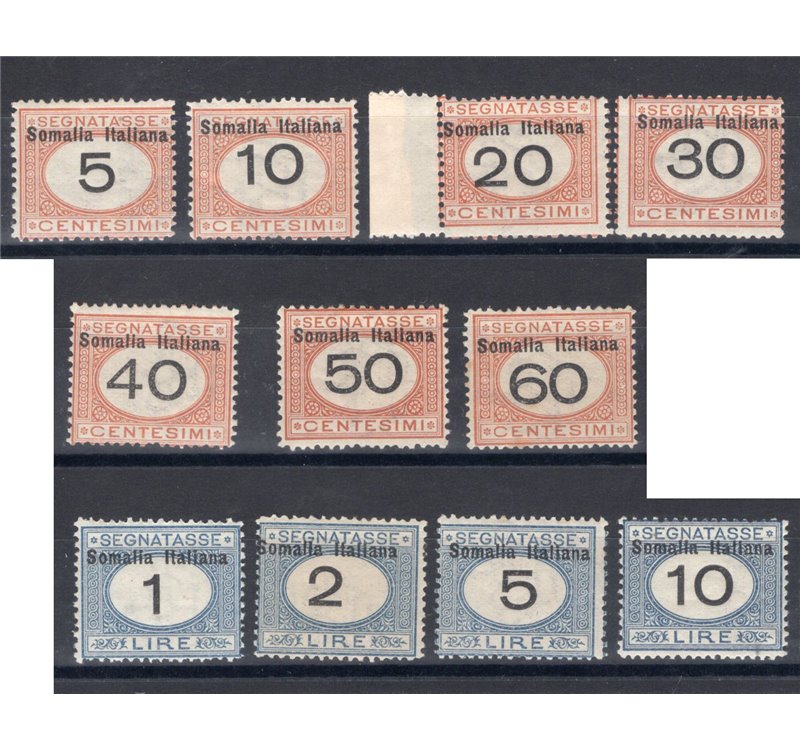 Somalia - 1926 - Segnatasse con soprast. in alto, serie n° 41/51. Cert.: Biondi. Cat. € 2.500 (**)