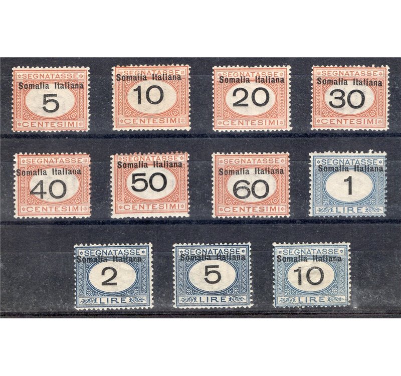Somalia - 1926 - Segnatasse con soprast. in alto, serie n° 41/51. Cert.: IC. Cat. € 1.250 (*)