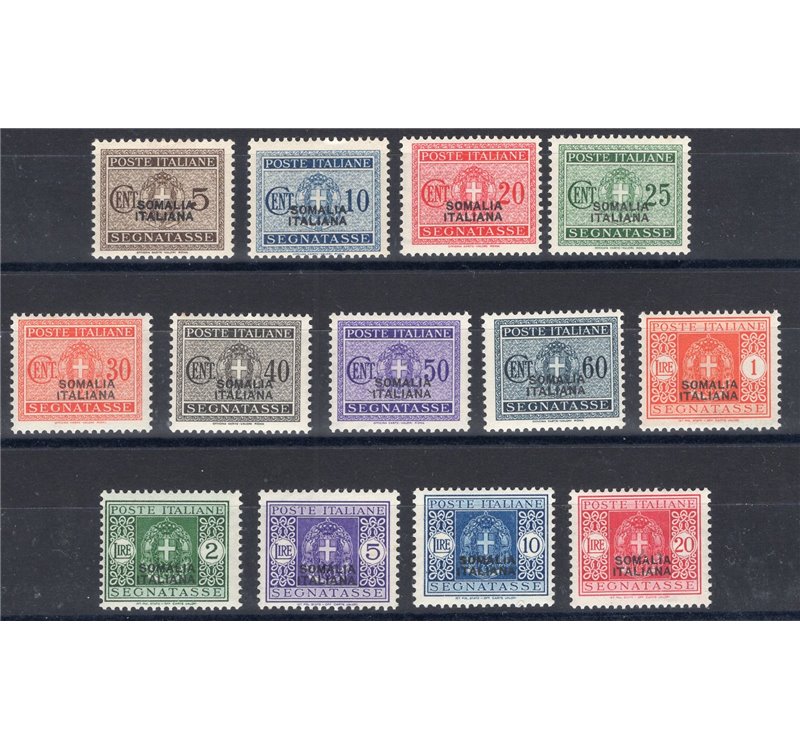 Somalia - 1934 - Segnatasse soprast., serie n° 52/64. Cert.: Biondi. Cat. € 1.350 (**)