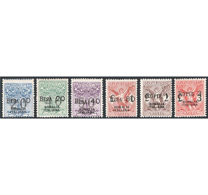 Somalia - 1926 - Segnatasse vaglia con soprast., serie n° 1/6. Cert.: RD. Cat. € 1.300 (**)