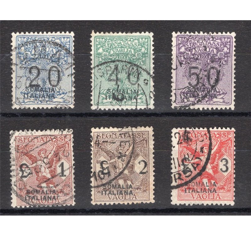 Somalia - 1926 - Segnatasse Vaglia soprast., serie n° 7/12. Cert.: Biondi. Cat. € 1.600 (U)